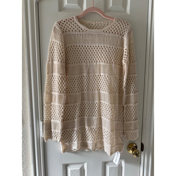 Boho Crochet Open Knit Sweater Cream Oversized Beachy S M - Picture 2 of 9